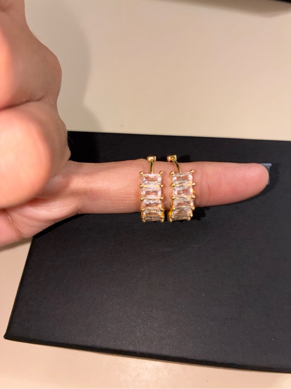14K Gold Filled Baguette Huggie Hoop Earrings Clear CZ Stones